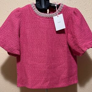 VOY Barbie Fuschia Pink Tweed puff sleeve top with pearl detail women’s small